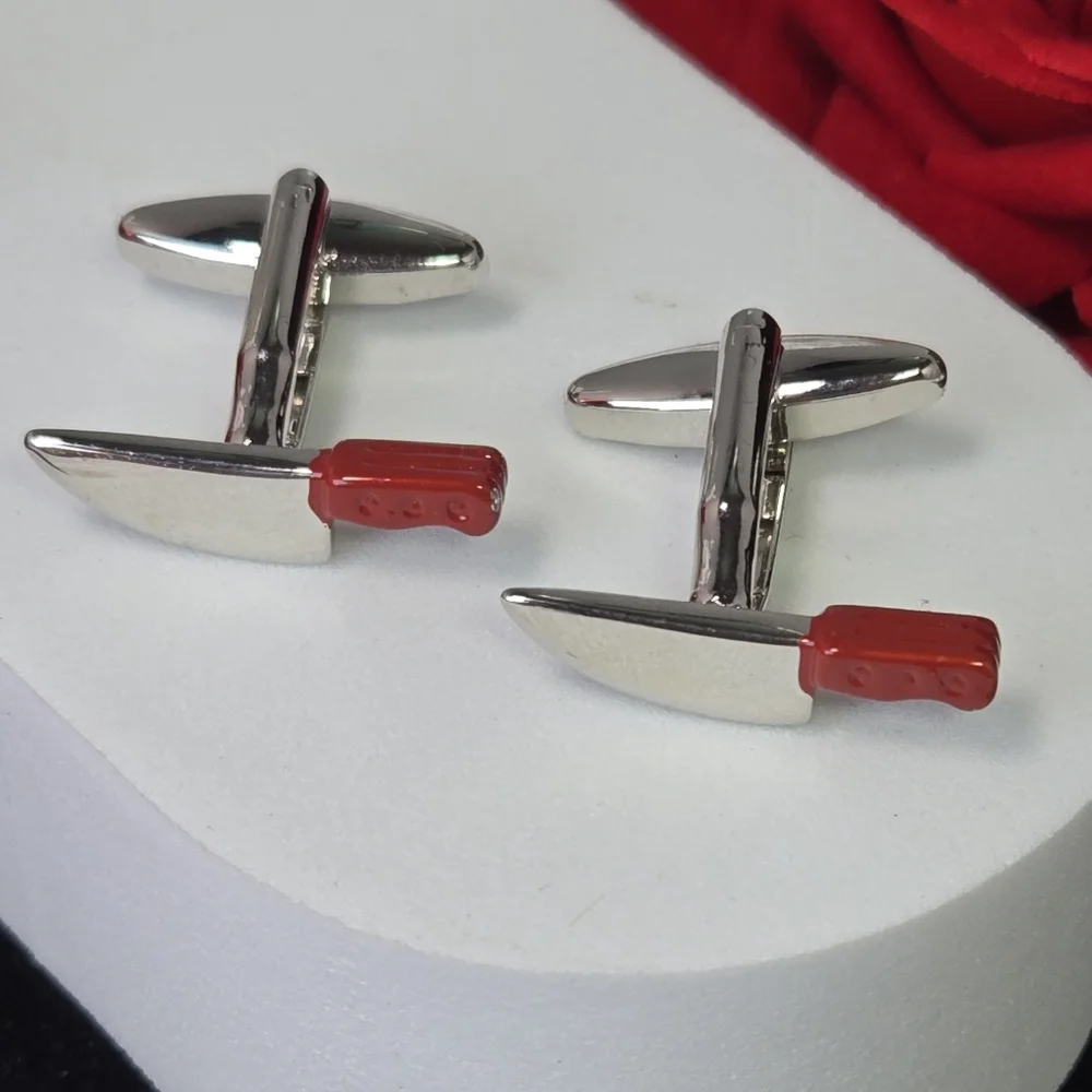 Chef Knife Cleaver Cufflinks Silver Red Handle Butcher Kitchen French Cuff Gift